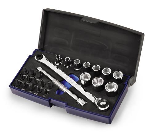 Douilles &frac14;&rdquo; jeu d'embouts avec Cliquet compact, 25 pi&egrave;ces (Blue-Point&reg;), Jeu 10 douilles (4&ndash;13 mm.), 13 embouts diff&eacute;rents, rallonge 101 mm. et 152 mm. cliquet long et compact pour embouts