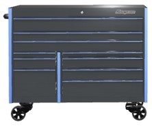 2-bank 13 ladige gereedschapswagen uit de Masters Series met houten topblad (Storm grijs met blauwe trims)
