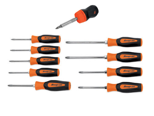 TORX&reg; schroevendraaierset met oranje softgrip handvatten, 9-delige (T8 - T45) en een stubby&nbsp;ratelschroevendraaier met oranje softgrip handvat