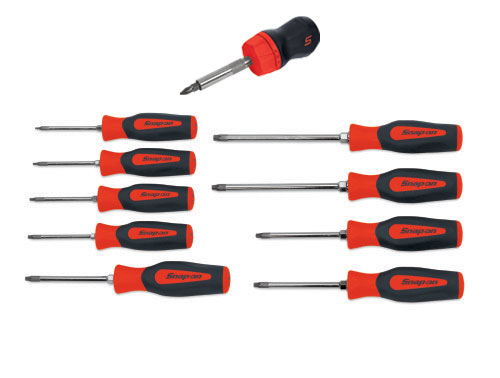 TORX&reg; schroevendraaierset met rode softgrip handvatten, 9-delige (T8 - T45) en een stubby&nbsp;ratelschroevendraaier met rood softgrip handvat