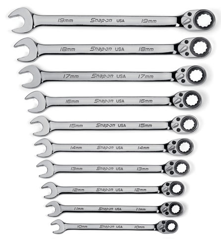 Jeu de cl&eacute;s mixtes &agrave; cliquet coud&eacute; de 15&deg;, 12 pans avec Flank Drive&reg; 10 pi&egrave;ces Snap-on&reg;&nbsp;